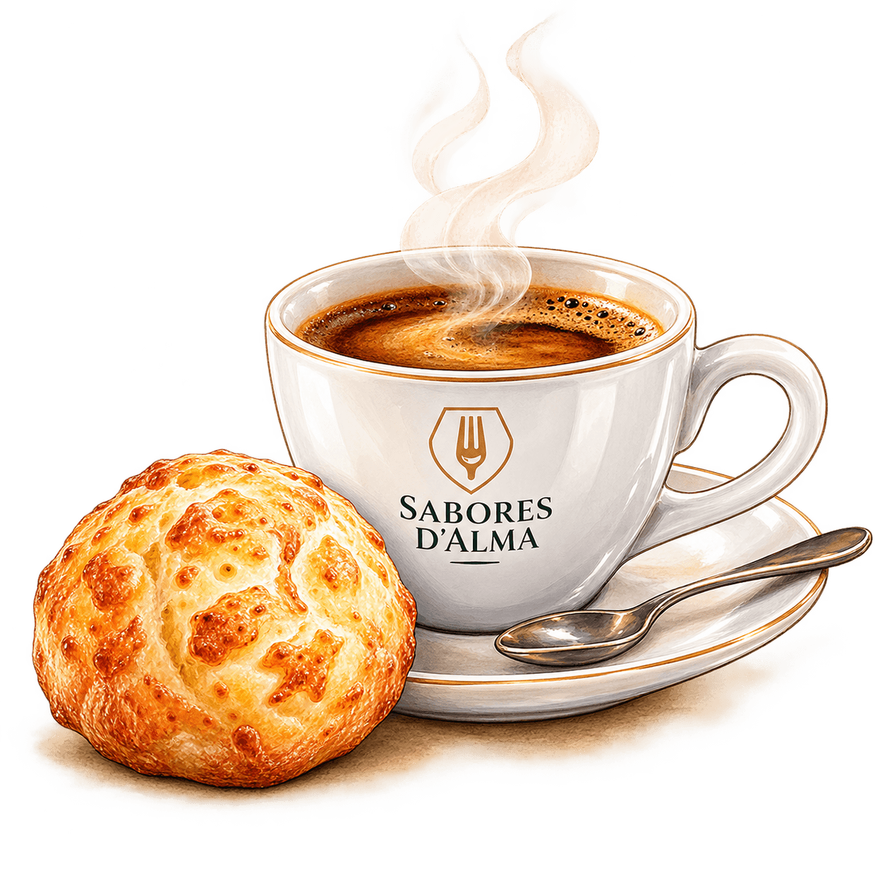 Xícara de café Sabores D’Alma com pão de queijo em ilustração artesanal